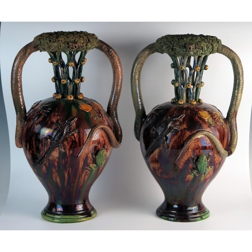 287 - Pair of Palissy Style Macabre Vases, late 19th Century, decorated with snakes and lizards, not marke... 