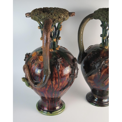 287 - Pair of Palissy Style Macabre Vases, late 19th Century, decorated with snakes and lizards, not marke... 