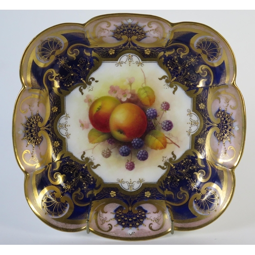 288 - Royal Worcester Hand Painted Cabinet Plate of lobed square form, decorated with apples and blackberr... 