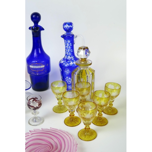 293 - Small Collection of late 19th Century Coloured Glass including a set of six yellow overlaid liquor g... 