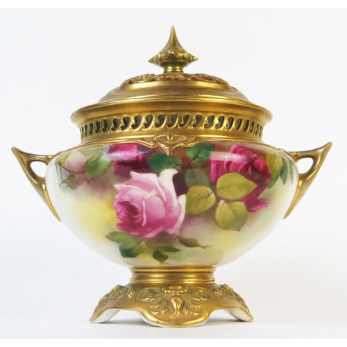 295 - Royal Worcester Potpourri Vase and Cover, the matt gilt cover above a compressed two handled vase wi... 