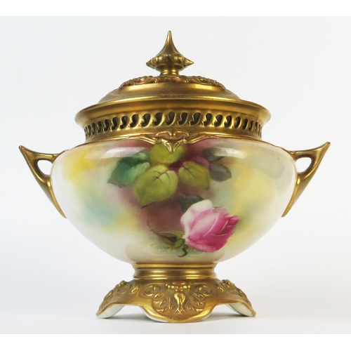 295 - Royal Worcester Potpourri Vase and Cover, the matt gilt cover above a compressed two handled vase wi... 