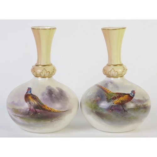 296 - Pair of Royal Worcester Jars. Stinton Vases of baluster form, decorated with pheasants, blush and gi... 