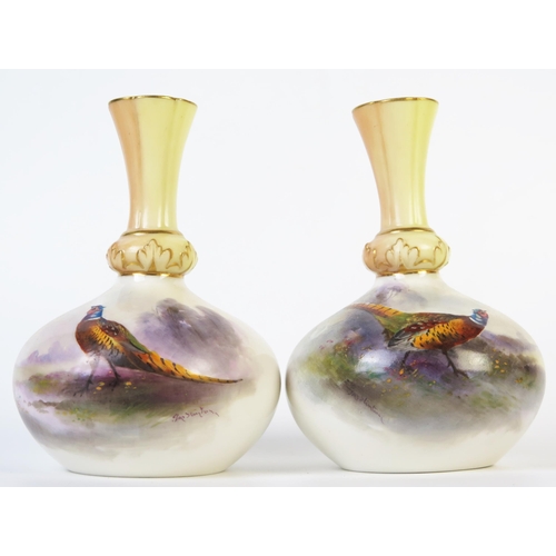 296 - Pair of Royal Worcester Jars. Stinton Vases of baluster form, decorated with pheasants, blush and gi... 