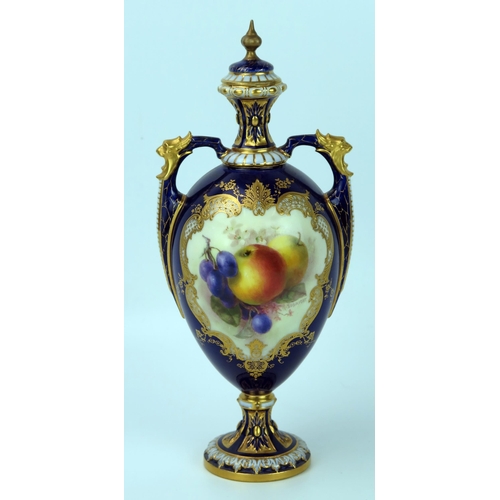 297 - Royal Worcester Fruit Vase and Cover of egg shape with two handles, decorated with apple and grapes,... 