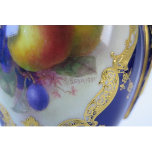 297 - Royal Worcester Fruit Vase and Cover of egg shape with two handles, decorated with apple and grapes,... 