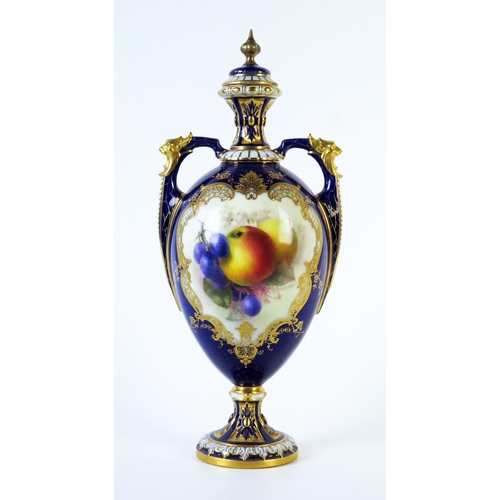 297 - Royal Worcester Fruit Vase and Cover of egg shape with two handles, decorated with apple and grapes,... 