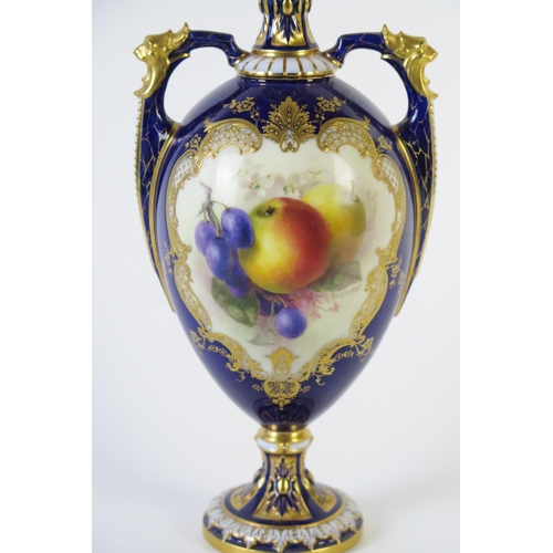 297 - Royal Worcester Fruit Vase and Cover of egg shape with two handles, decorated with apple and grapes,... 