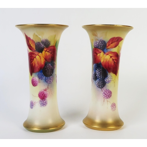 298 - Pair of Royal Worcester Trumpet Vases, decorated with blackberries, signed K. Blake, puce mark 1937,... 