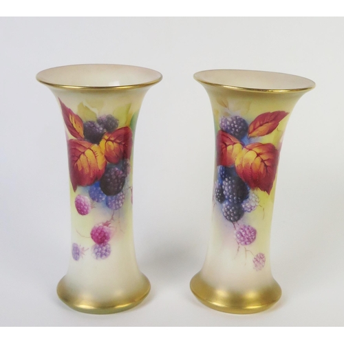 298 - Pair of Royal Worcester Trumpet Vases, decorated with blackberries, signed K. Blake, puce mark 1937,... 