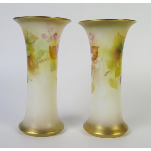 298 - Pair of Royal Worcester Trumpet Vases, decorated with blackberries, signed K. Blake, puce mark 1937,... 