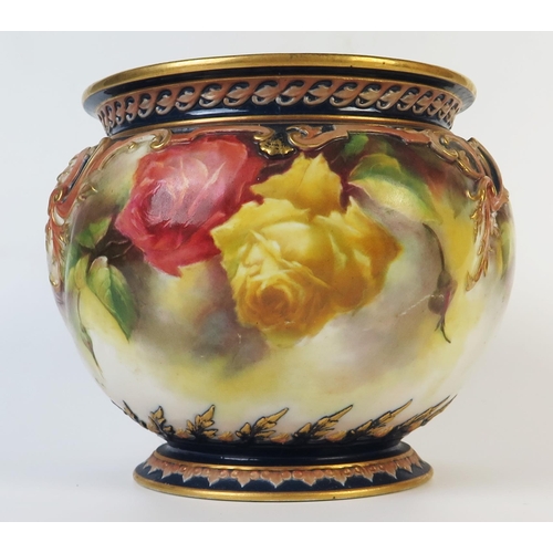 299 - Royal Worcester Hadley Ware Jardinière, decorated with roses, green mark, impressed mark F.Q, red in... 