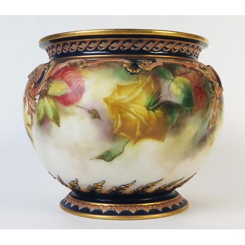 299 - Royal Worcester Hadley Ware Jardinière, decorated with roses, green mark, impressed mark F.Q, red in... 