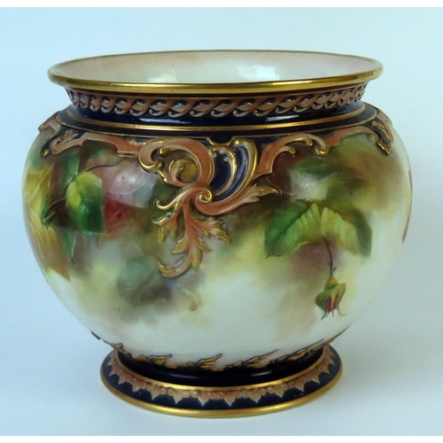 299 - Royal Worcester Hadley Ware Jardinière, decorated with roses, green mark, impressed mark F.Q, red in... 