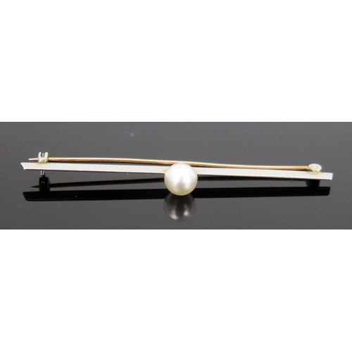 3 - Pearl (untested) Bar Brooch in a K14 marked white and yellow gold setting, 54mm, 1.9g