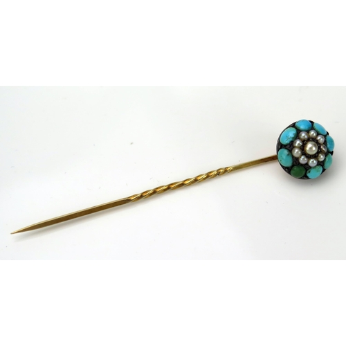 30 - Turquoise and Pearl (untested) Stick pin in an unmarked gold setting, 12mm head, 2.5g, in a French b... 