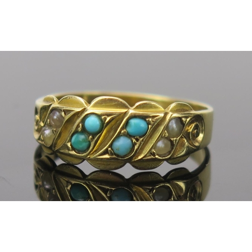 32 - Victorian Turquoise and Pearl (untested) Ring in an 18ct hallmarked setting, 8mm wide head, Chester ... 