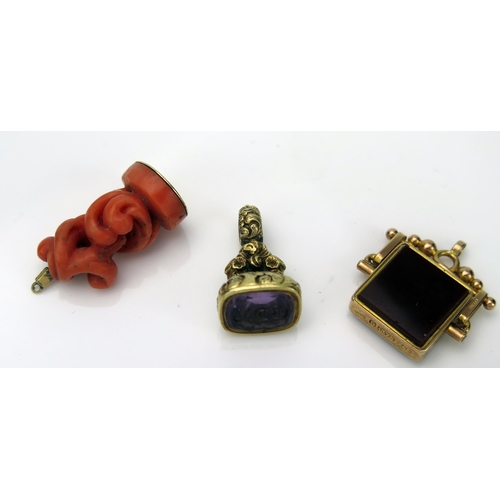 36 - Hallmarked 9ct Gold Swivel Fob set with bloodstone and carnelian (Birmingham 1909), Victorian amethy... 