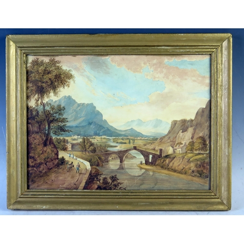 363 - European School, Mountainous scene with bridge to the foreground, unsigned, early 19th century, 41.5... 