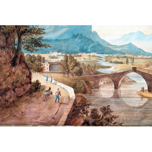 363 - European School, Mountainous scene with bridge to the foreground, unsigned, early 19th century, 41.5... 