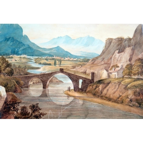 363 - European School, Mountainous scene with bridge to the foreground, unsigned, early 19th century, 41.5... 