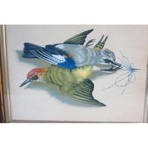 364 - Pair of Still Life Paintings with Birds including woodpeckers, painted in relief on a wood effect gr... 