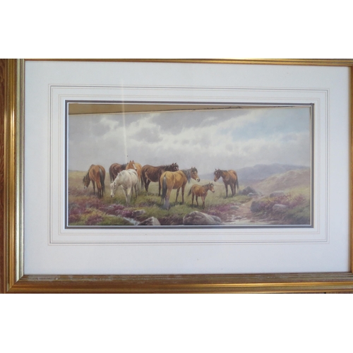 375 - Thomas Rowden (British 1842-1926), Ponies at Taw Marsh (inscribed on the back), watercolour, 61.5x42... 