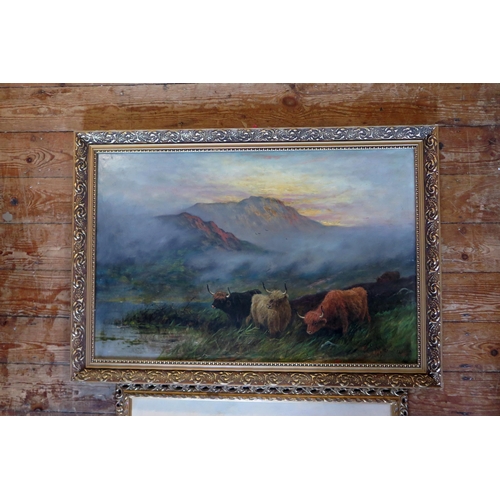 377 - 19th Century English School, Highland cattle, oil on canvas, indistinct signature, 85x59cm including... 