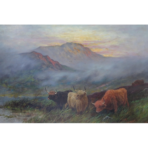 377 - 19th Century English School, Highland cattle, oil on canvas, indistinct signature, 85x59cm including... 