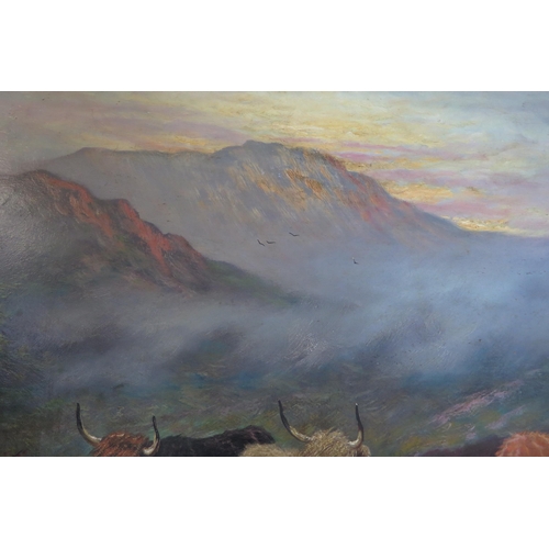 377 - 19th Century English School, Highland cattle, oil on canvas, indistinct signature, 85x59cm including... 