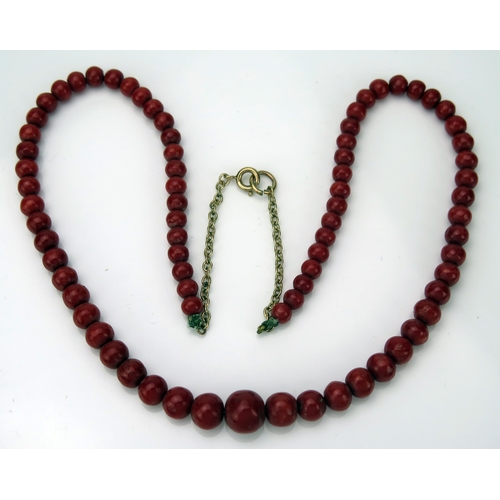 38 - Graduated Coral Bead Necklace with 9ct gold extension chain  and clasp, largest bead c. 10mm