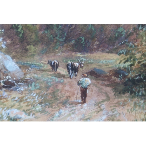 380 - Ebenezer Alfred Warmington, Drover and his cattle, watercolour, 67.5x47cm including glazed frame. La... 