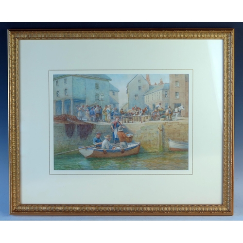 383 - W. Darton, Unloading fish at the quay, watercolour, 58x48cm including glazed frame