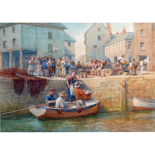 383 - W. Darton, Unloading fish at the quay, watercolour, 58x48cm including glazed frame