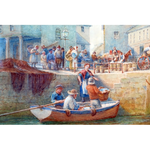 383 - W. Darton, Unloading fish at the quay, watercolour, 58x48cm including glazed frame