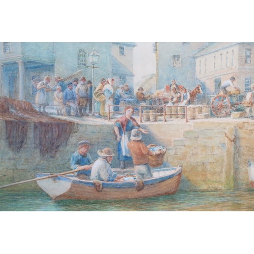 383 - W. Darton, Unloading fish at the quay, watercolour, 58x48cm including glazed frame