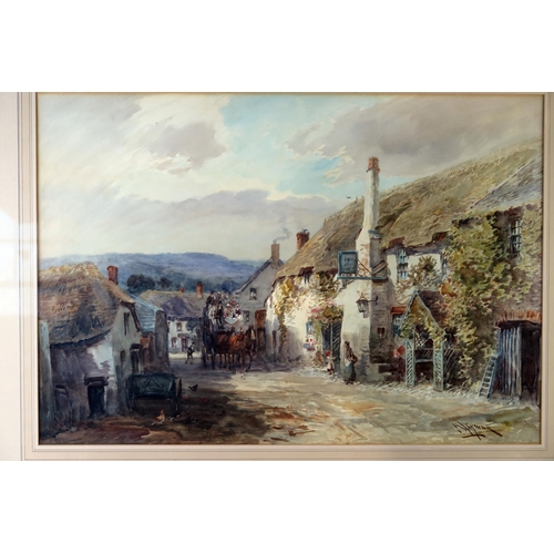 384 - Alfred Leyman (1856-1953), The Lynmouth Stage Coach outside the Ship Inn Porlock, watercolour, 94x73... 