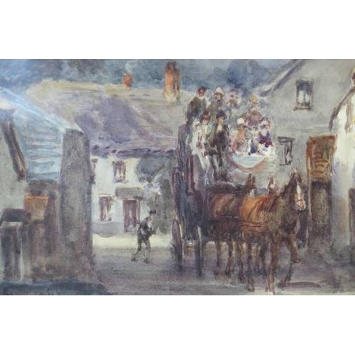 384 - Alfred Leyman (1856-1953), The Lynmouth Stage Coach outside the Ship Inn Porlock, watercolour, 94x73... 