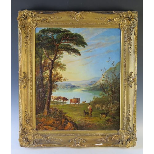 385 - 19th Century English School, Pastoral herding scene, oil on canvas, unsigned, 78x68cm including fram... 