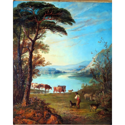 385 - 19th Century English School, Pastoral herding scene, oil on canvas, unsigned, 78x68cm including fram... 