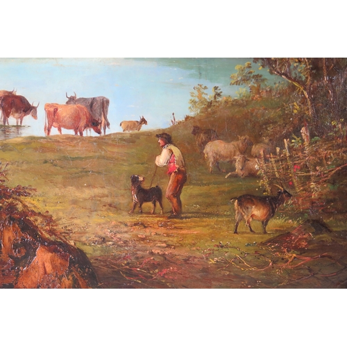 385 - 19th Century English School, Pastoral herding scene, oil on canvas, unsigned, 78x68cm including fram... 