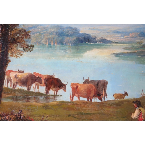 385 - 19th Century English School, Pastoral herding scene, oil on canvas, unsigned, 78x68cm including fram... 