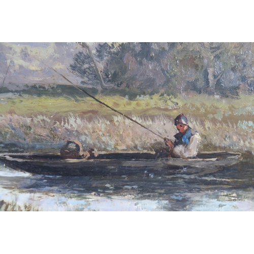 387 - John Horace Hooper (British 1853-1899), Fishing from the Punt, oil on canvas, 104x74cm including fra... 