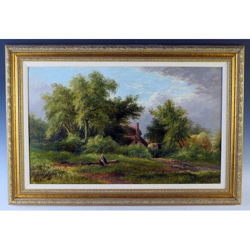 390 - W.H. Hall (British fl.1859-1880), Cottage scene with figures, oil on canvas, 79x53cm including frame