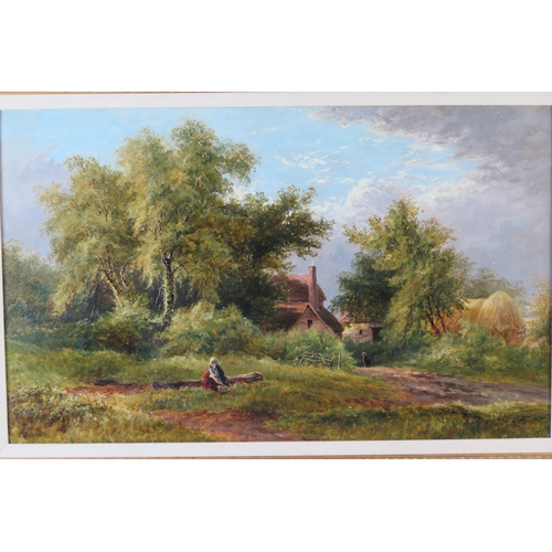 390 - W.H. Hall (British fl.1859-1880), Cottage scene with figures, oil on canvas, 79x53cm including frame