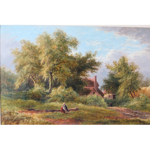 390 - W.H. Hall (British fl.1859-1880), Cottage scene with figures, oil on canvas, 79x53cm including frame