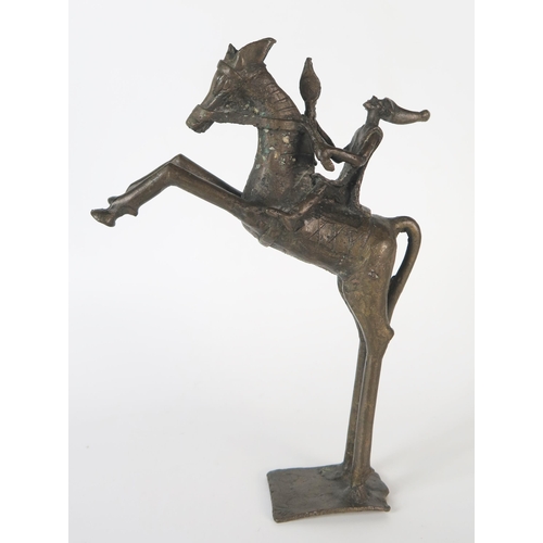 396 - West African Bronze Figure of a Man on a Rearing Horse, 22cm long