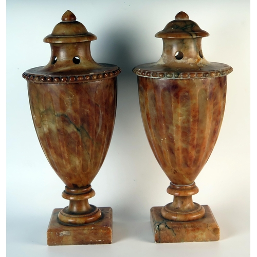 398 - Pair of 19th Century Alabaster Pedestal Urns with Covers, 40cm high. Faults