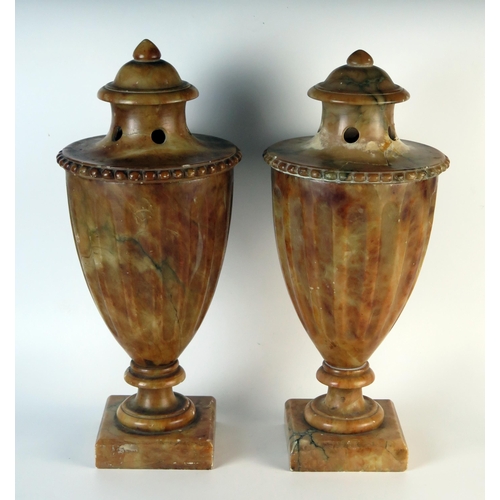 398 - Pair of 19th Century Alabaster Pedestal Urns with Covers, 40cm high. Faults