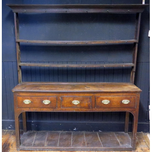 399 - Early 19th Century Oak Pot Board Dresser with open delft rack, the molded cornice above two shelves,... 